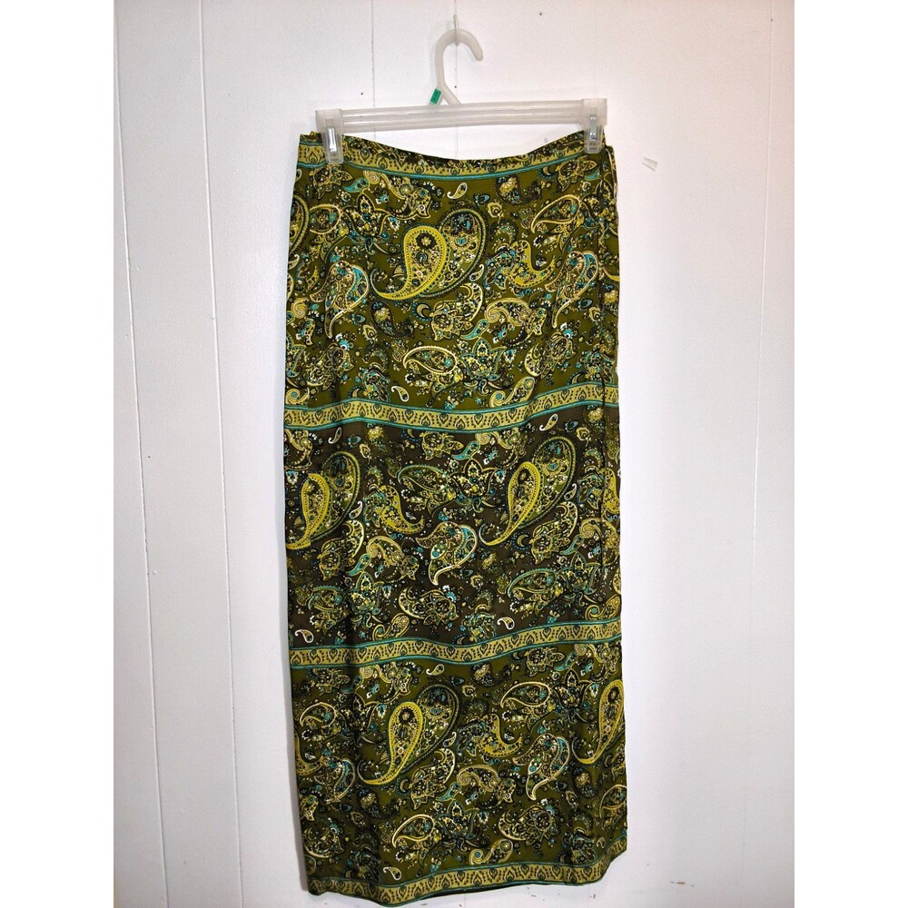 Express Green Paisley Wrap Midi Skirt Silk Satin Zip Women's Regular Size L